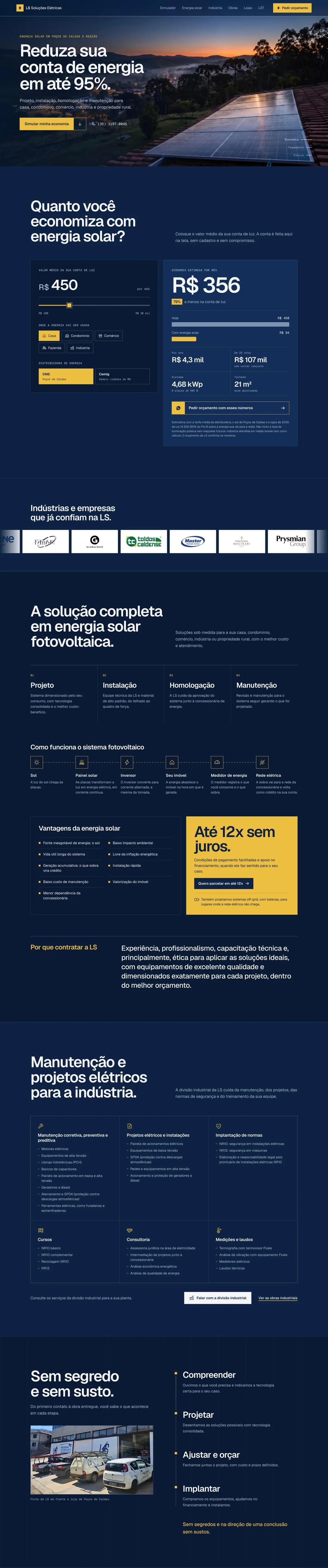 Página inteira de um site de energia solar: abertura com foto de painéis ao entardecer, simulador de economia na conta de luz, serviços e manutenção