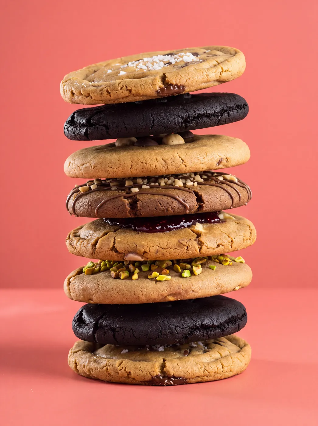 Torre de cookies de vários sabores em fundo coral, foto feita com IA