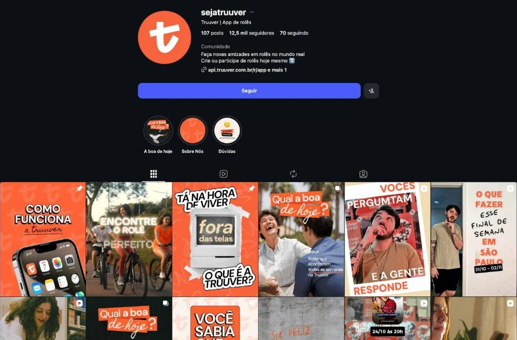 Perfil de Instagram de um app de encontros presenciais