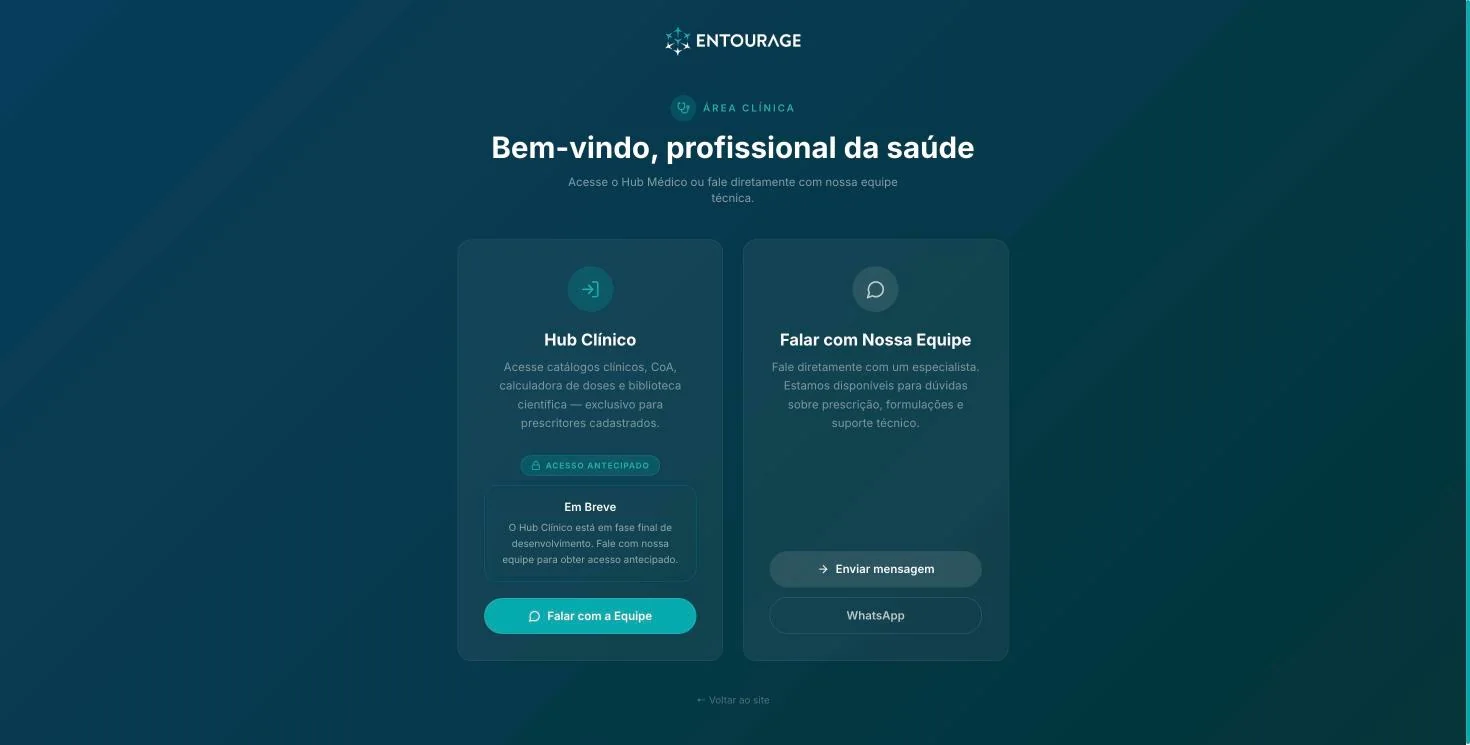 Página de entrada da área clínica de uma farmacêutica, com o acesso ao hub dos prescritores e o contato com a equipe técnica